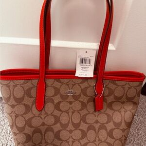 Small Coach Brown and Red Signature Tote